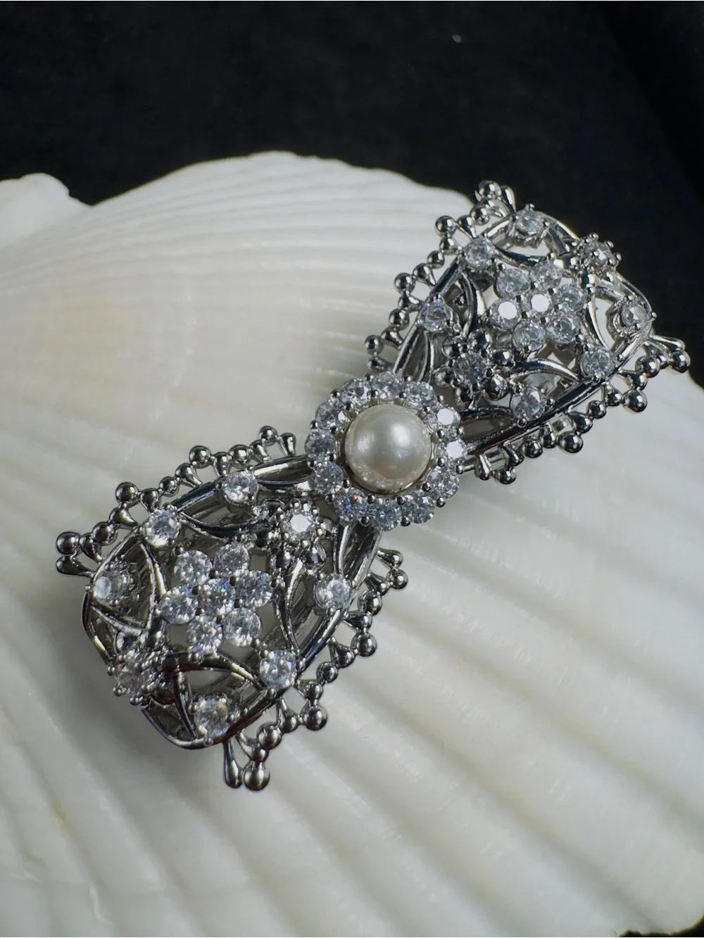 Silver Pearl & Crystal Bow Hair Clip- Women's Jewelry